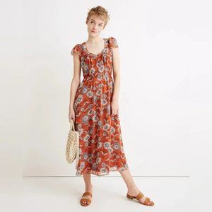 Madewell Orange Floral Sheer Sleeve Button Front Midi Dress, Size 4